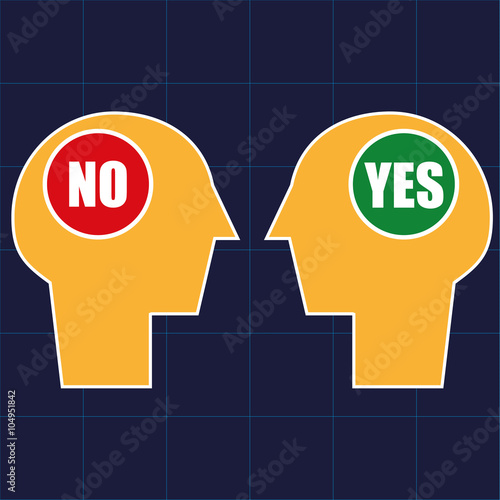 Two human heads in profile with opposing views in the form of YES and NO signs in the brain area