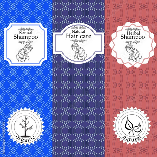 Vector set of seamless patterns, labels and logo design templates for natural herbal shampoo packaging and wrapping paper