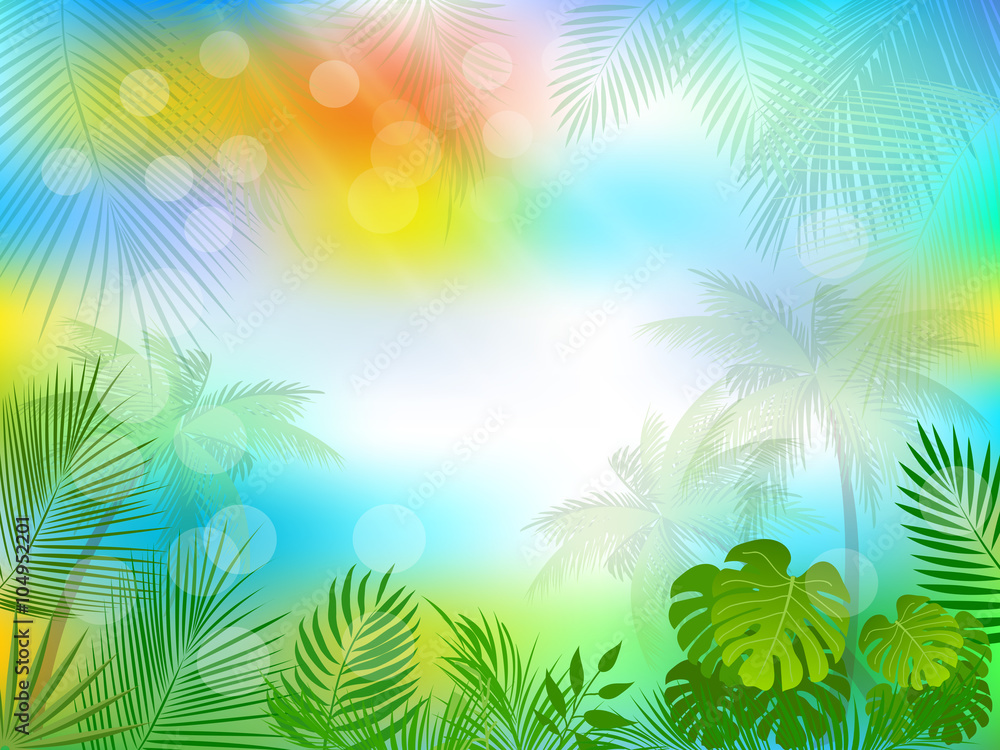 Tropical jungle background with palm trees and leaves.