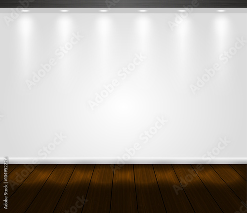 Vector presentation white wall scene with spotlight and wooden floor. Empty light showcase background for you design