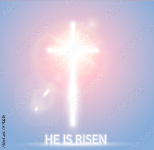 White Glow Cross with Flare in sunrise Sky. Holy Glory Easter Shine Background. Christian Symbol Light Radiance Ray. Paradise hope concept