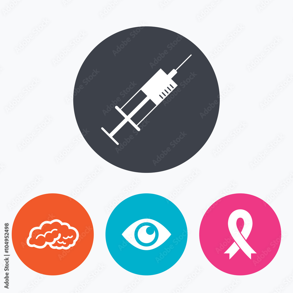 Medicine icons. Syringe, eye, brain and ribbon. Medicine icons. Syringe, eye, brain and ribbon.