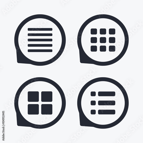List menu icons. Content view options.
