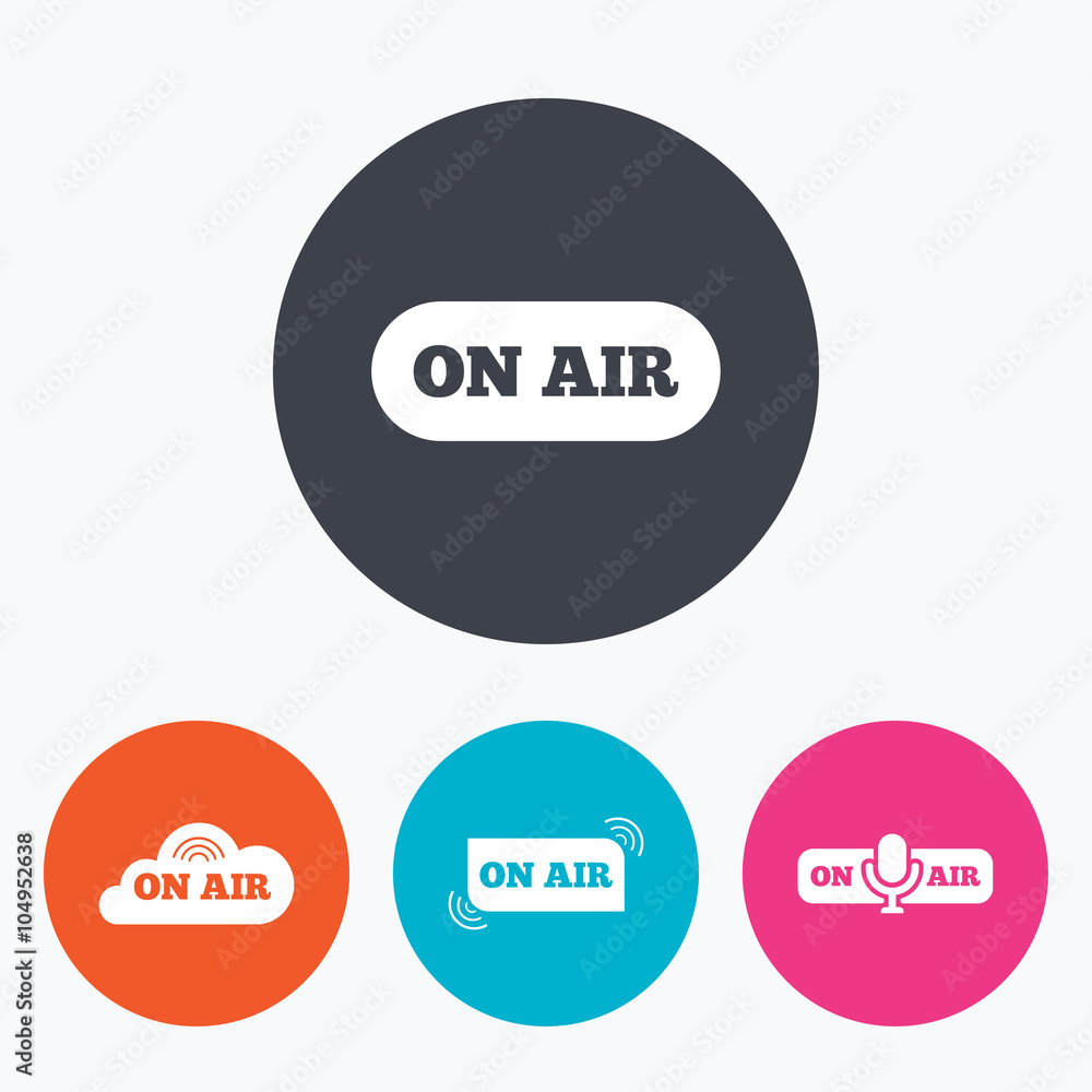 On air icons. Live stream signs. Microphone. On air icons. Live stream signs. Microphone.
