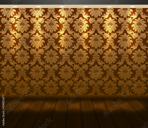 Vector presentation baroque design scene with spotlight and wooden floor. Vip room wall with golden floral pattern wallpaper and warm light. Showcase background for you project.