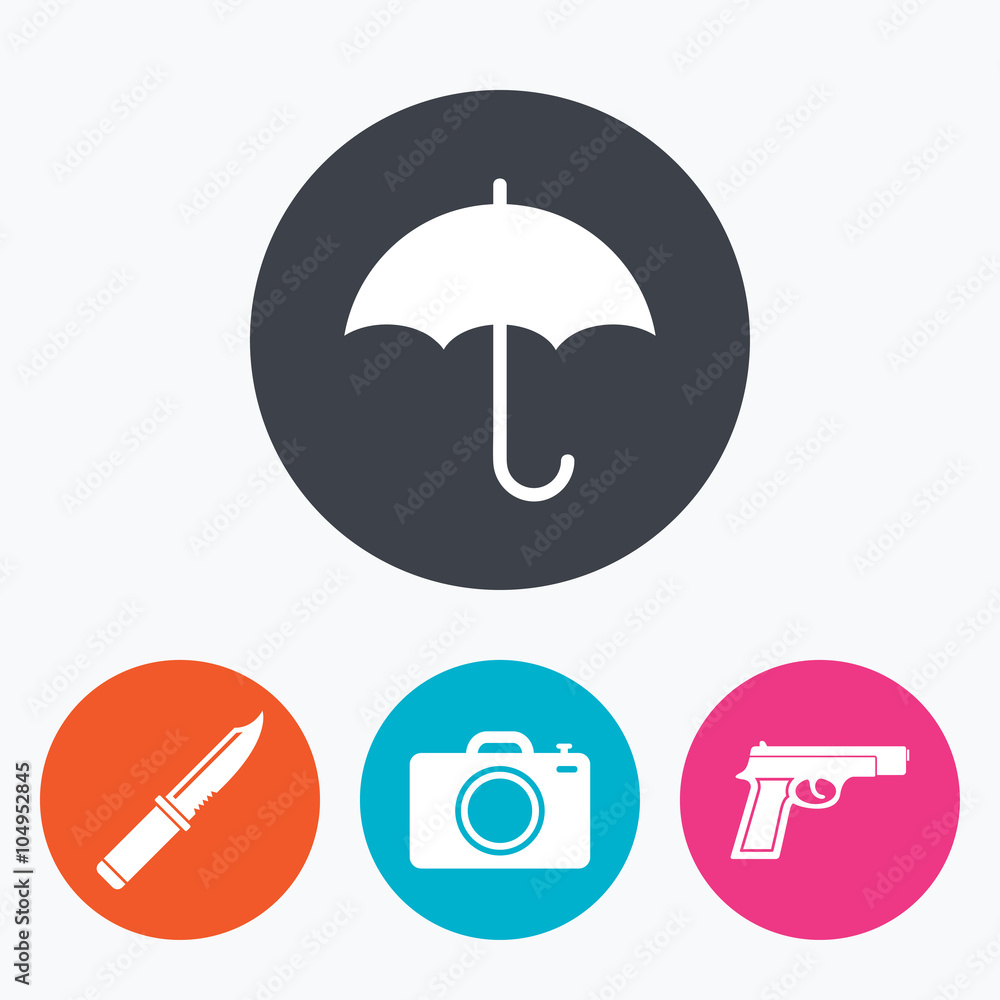Gun weapon. Knife, umbrella and photo camera. Gun weapon. Knife, umbrella and photo camera.