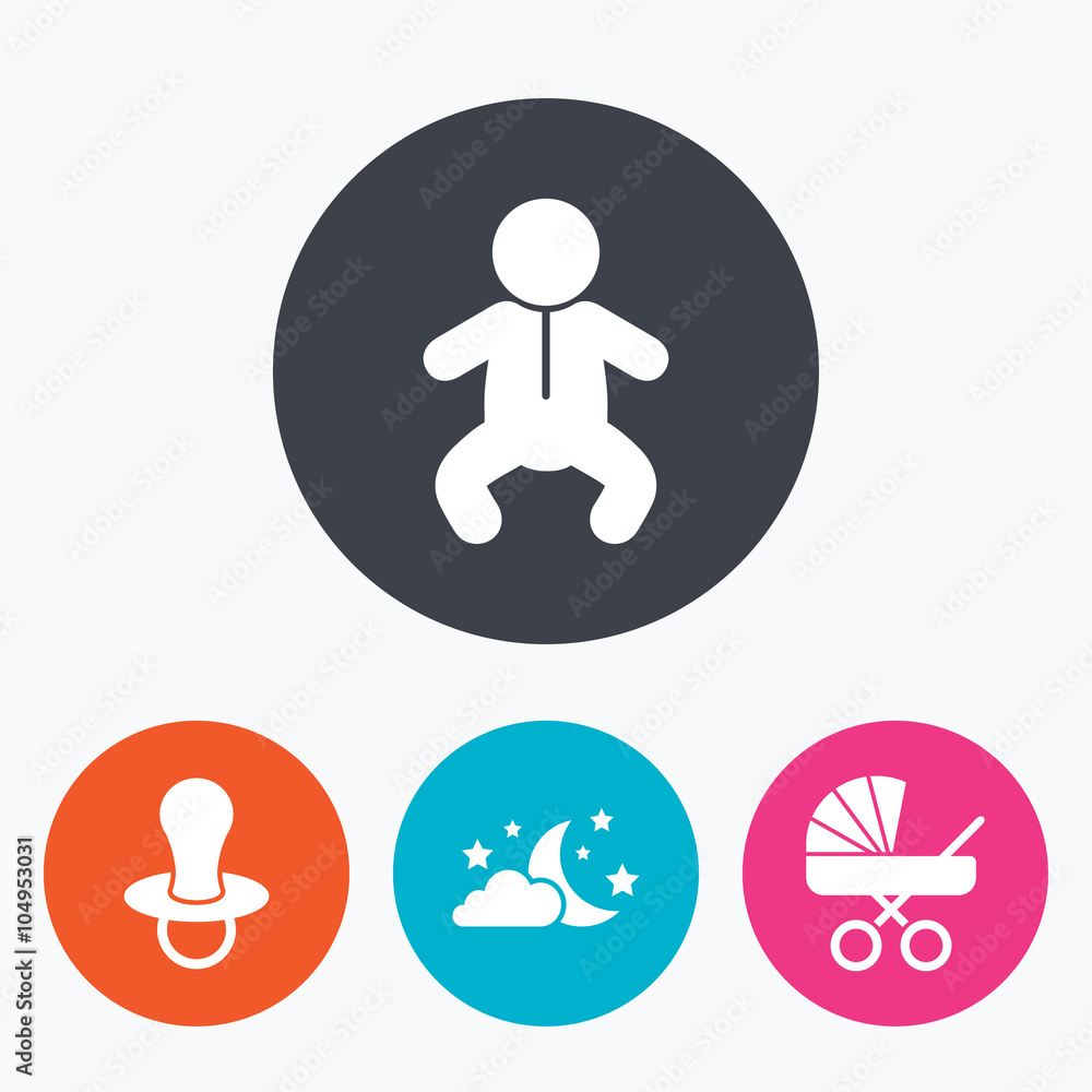Moon and stars. Baby infant icon. Buggy, dummy. Moon and stars. Baby infant icon. Buggy, dummy.