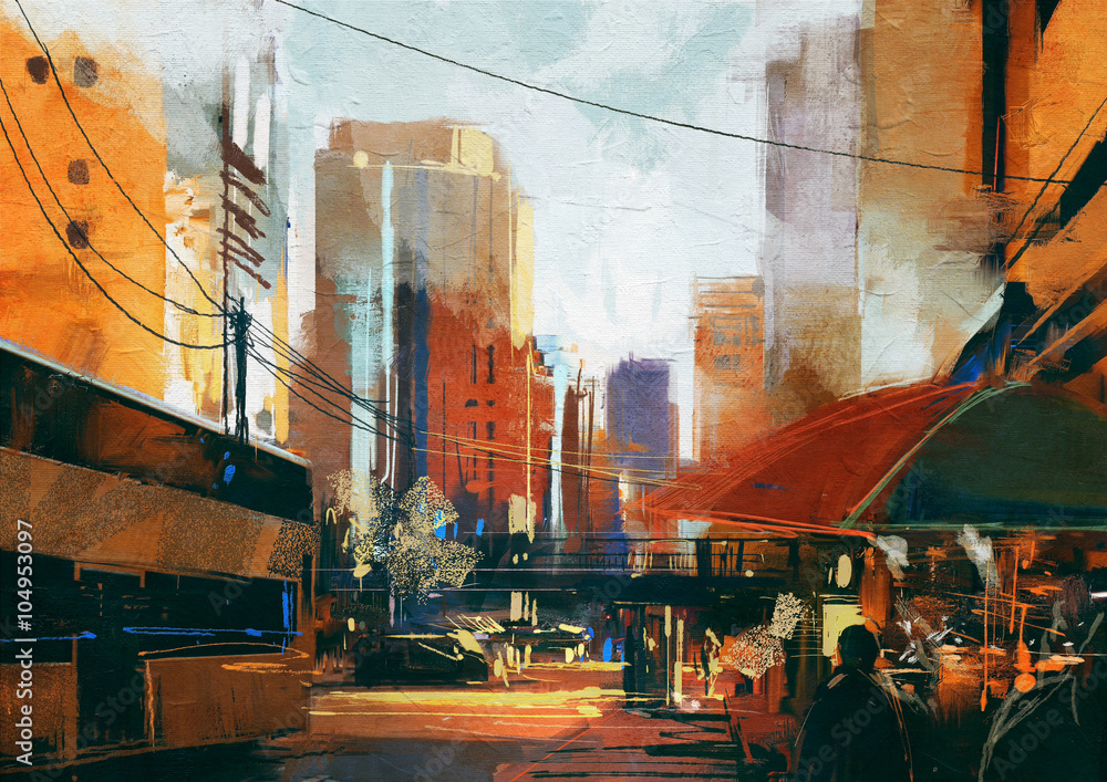 painting of city street in the morning painting of city street in the morning