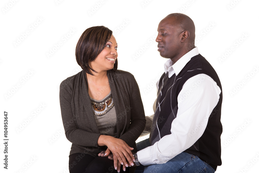 Middle aged couple interacting isolated on white Middle aged couple interacting isolated on white