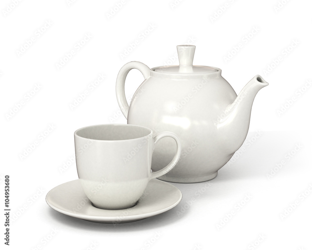 ceramic teapot and cup of tea isolated on white background