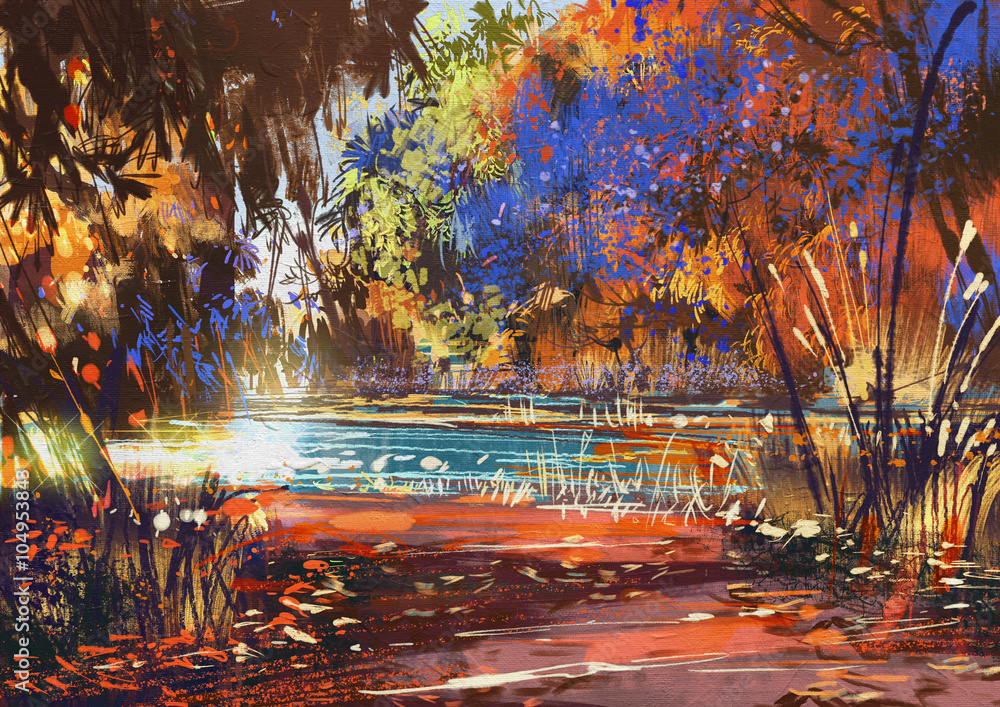 Fototapeta premium beautiful autumn landscape with flowers and lake