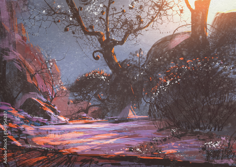 Obraz premium beautiful winter sunset with fantasy trees in the snow
