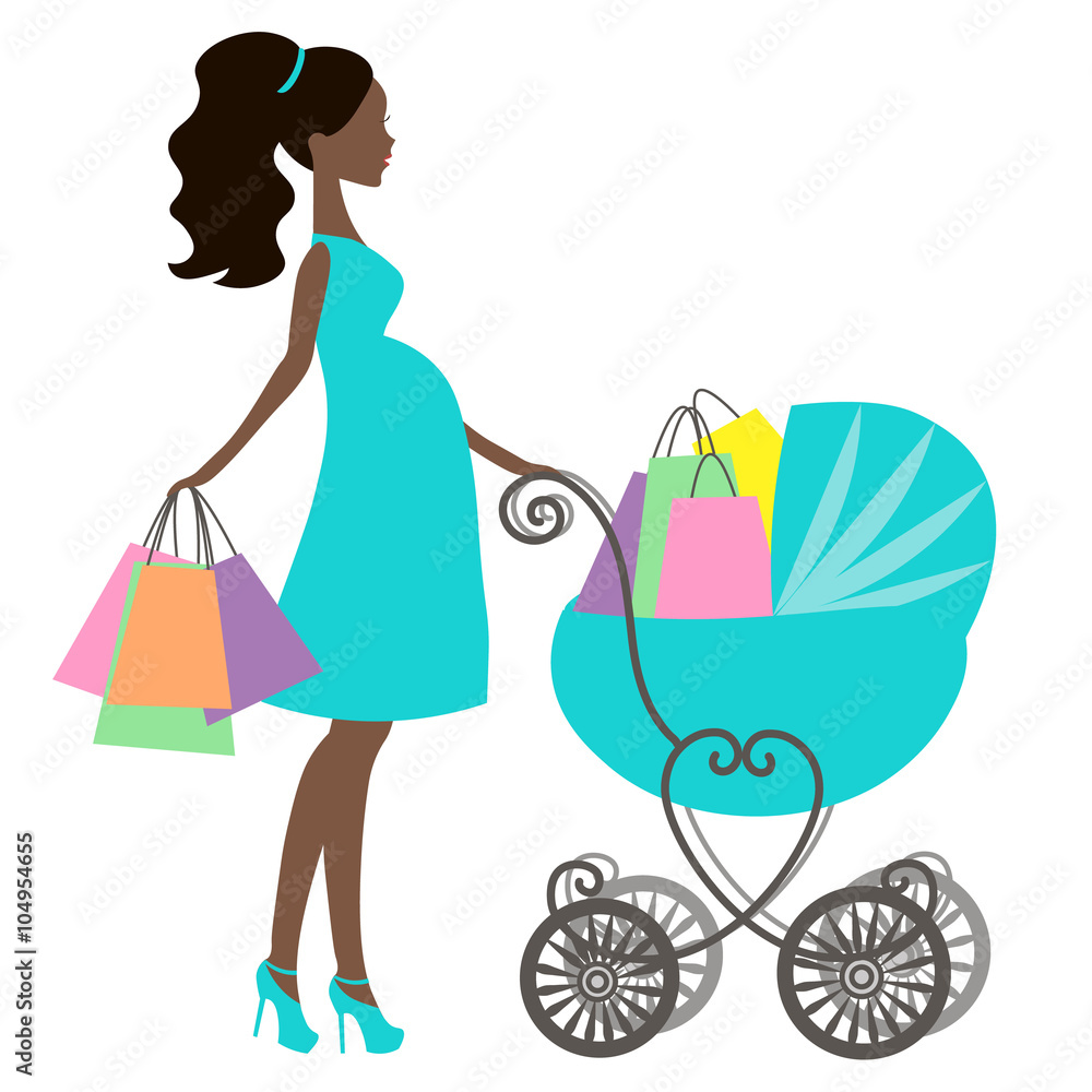 vector of modern pregnant mommy with vintage baby carriage online store logo silhouette sale icon on white background African American girl stores black woman shopping Stock Vektorgrafik Adobe Stock