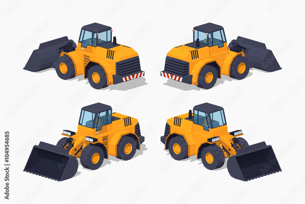 Yellow heavy bulldozer. 3D lowpoly isometric vector illustration. The set of objects isolated against the white background and shown from different sides
