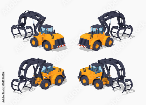 Yellow log loader. 3D lowpoly isometric vector illustration. The set of objects isolated against the white background and shown from different sides