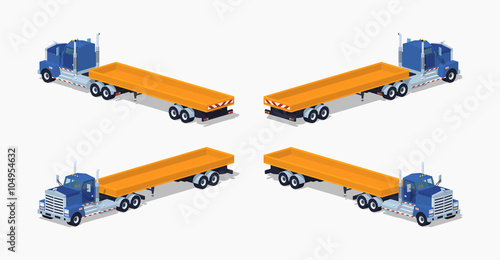 Blue heavy truck and trailer with the yellow open platform. 3D lowpoly isometric vector illustration. The set of objects isolated against the white background and shown from different sides