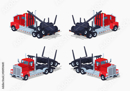 Folded log truck. 3D lowpoly isometric vector illustration. The set of objects isolated against the white background and shown from different sides