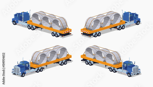 Blue heavy truck and yellow trailer with concrete rings on it. 3D lowpoly isometric vector illustration. The set of objects isolated against the white background and shown from different sides