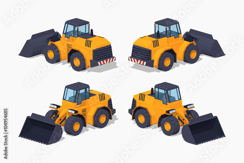 Yellow heavy bulldozer. 3D lowpoly isometric vector illustration. The set of objects isolated against the white background and shown from different sides
