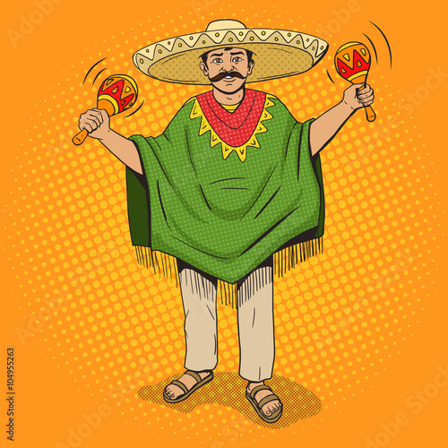 Mexican with maracas pop art style vector