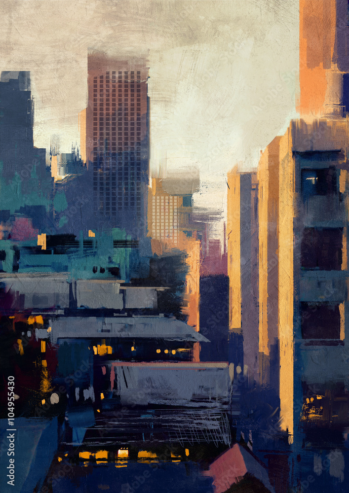 Fototapeta premium painting of skyscrapers at sunset