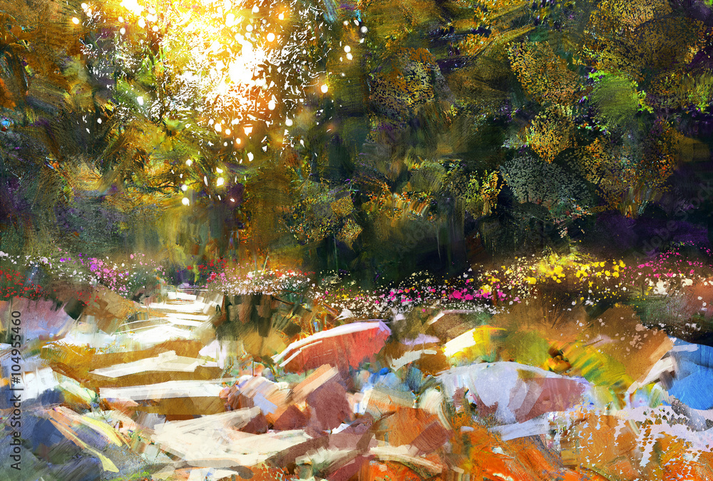 Fototapeta premium pathway with trees and flowers in autumn forest