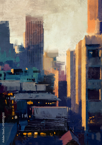 painting of skyscrapers at sunset