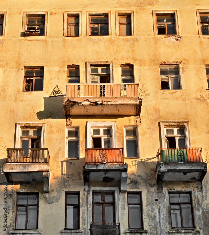 facade of an abandoned building. facade of an abandoned building.