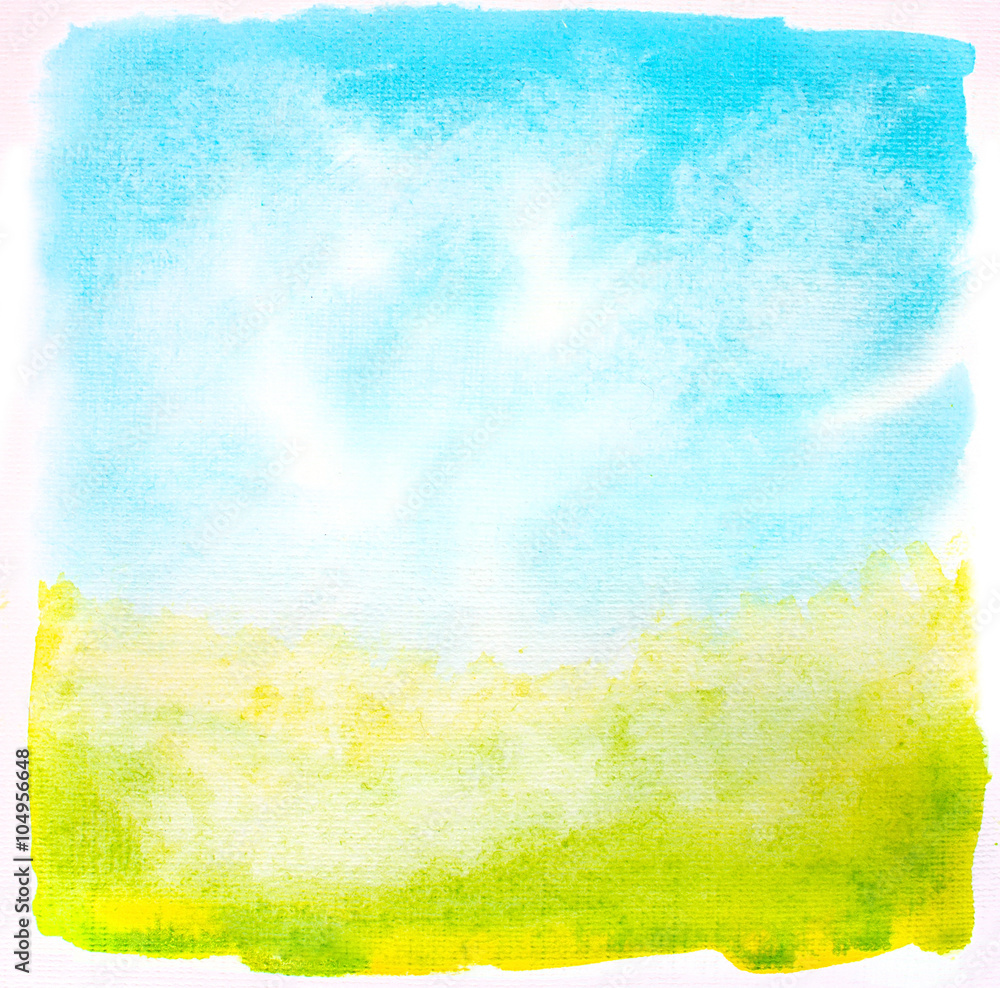 watercolor brushed abstract landscape with sky clouds and grass