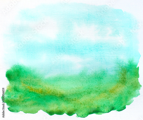 watercolor abstract stains landscape with sky, clouds 