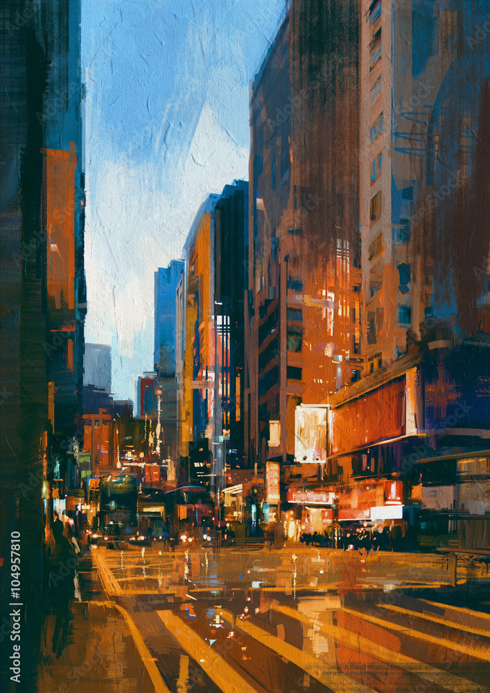 Naklejka premium painting of street in modern urban city at evening