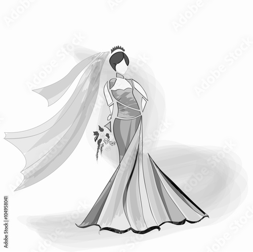 Bride dressed in gown and veil holding bouquet of flowers.