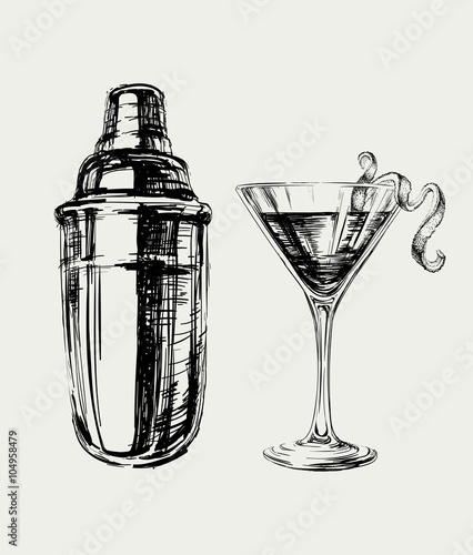 Sketch Cosmopolitan Cocktails and Shaker Vector Hand Drawn Illustration