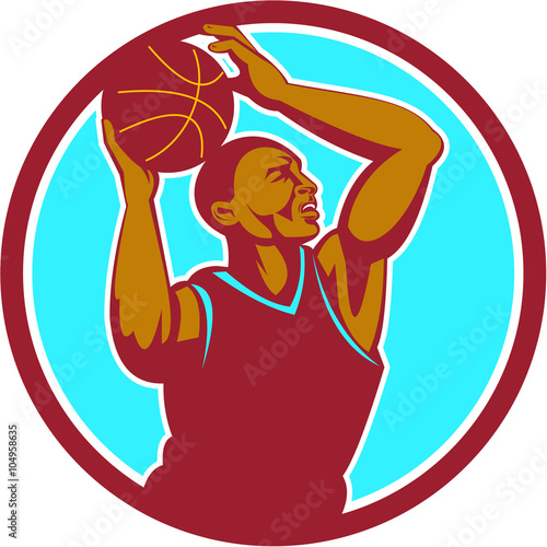 Basketball Player Rebounding Ball Circle Retro