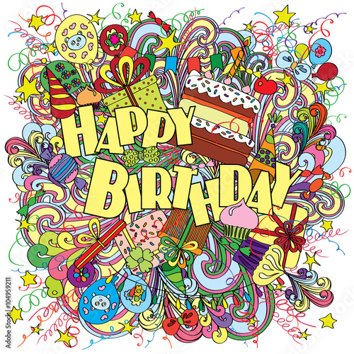 Happy Birthday doodle greeting card on background with celebration elements.