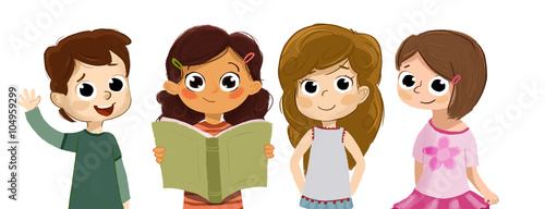 Grupo de niños y niñas amigos. Culturas y razas. Uno está leyendo.