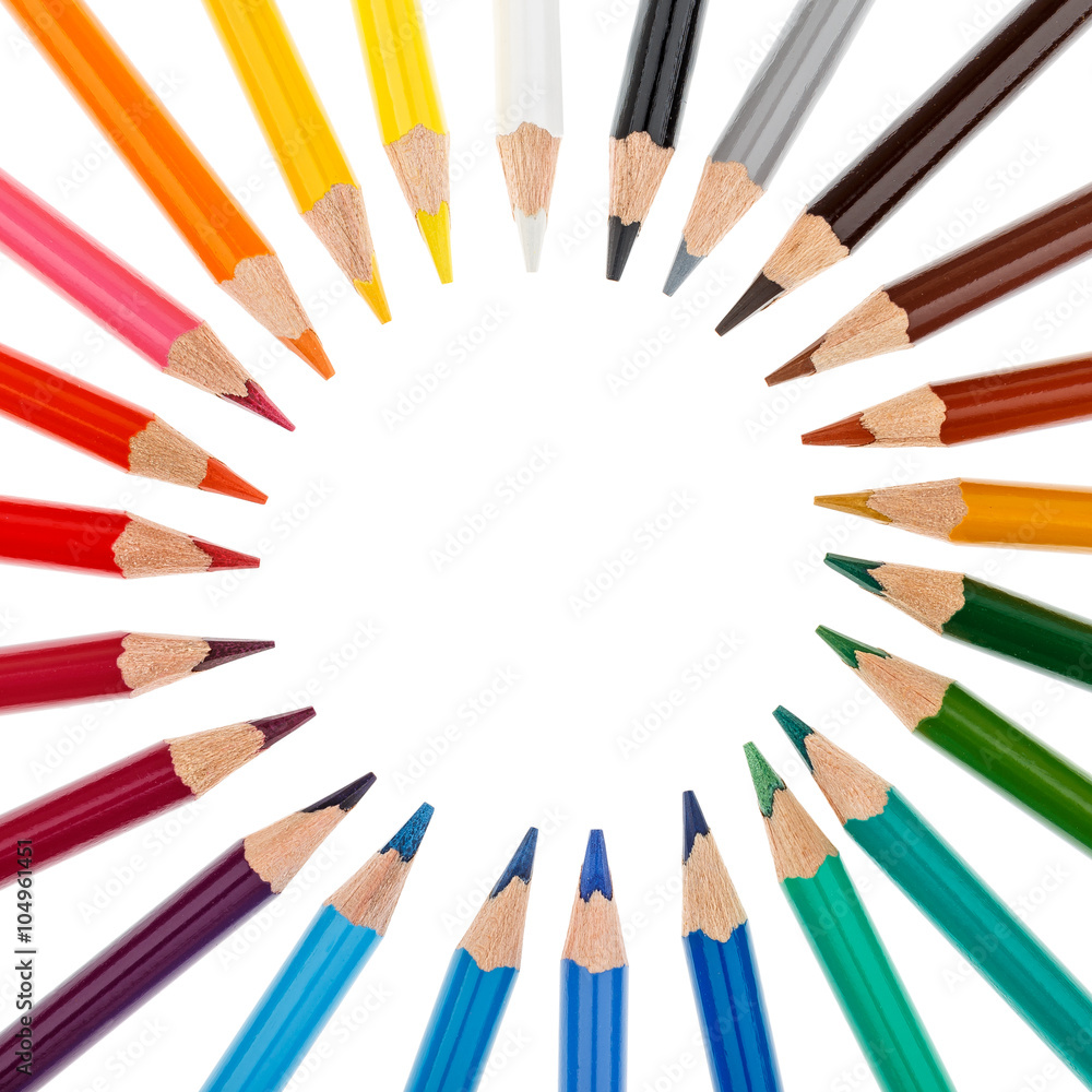 Colored pencils stacked in a circle isolated on white background Colored pencils stacked in a circle isolated on white background