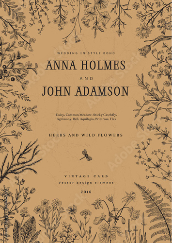 The frame of herbs and wild flowers. Wedding invitation in the style of boho. Vector vintage illustration.