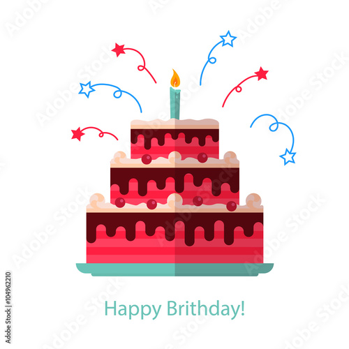 Big cake flat icon isolated white background - Happy Birthday.