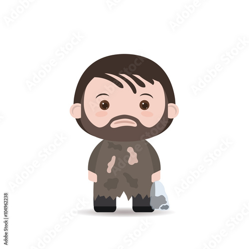 Homeless. Shaggy man in dirty rags. with dust bag.