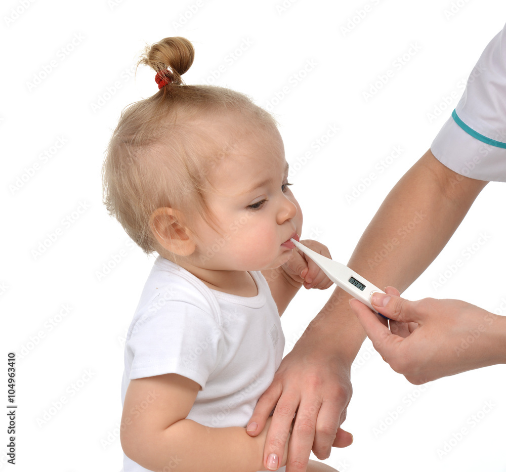 Doctor hand measuring temperature to baby toddler child kid with Doctor hand measuring temperature to baby toddler child kid with
