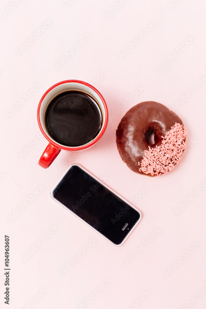 breakfast with donuts , taking photo - obrazy, fototapety, plakaty 