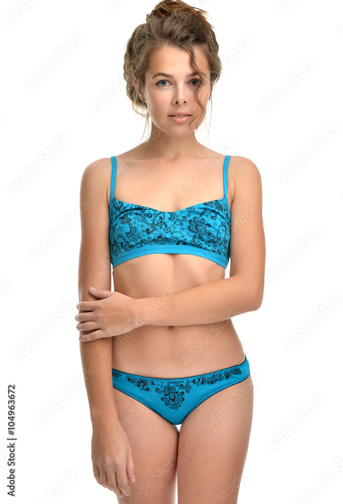 Sexy young beautiful woman posing in blue modern underwear bra a Stock  Photo | Adobe Stock