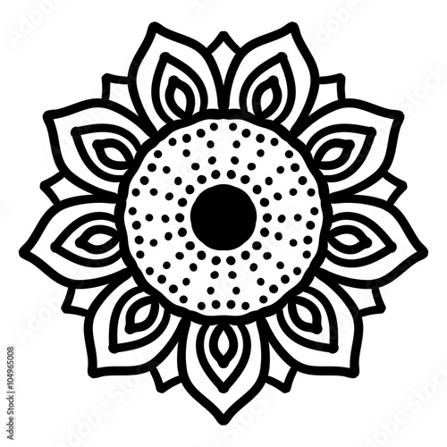 Vector sunflower. Black and white bohemian texture, boho decorative ornament. Mandala pattern, floral folk background, sun symbol