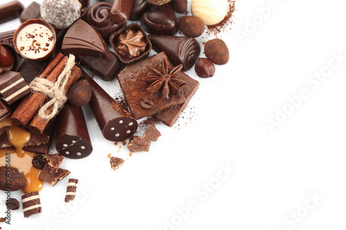 Assorted chocolate candies, isolated on white
