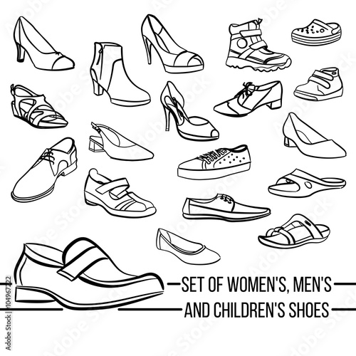 Set vector women, men and children's shoes painted lines