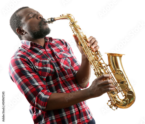 Photography African American jazz musician playing the saxophone, isolated on white