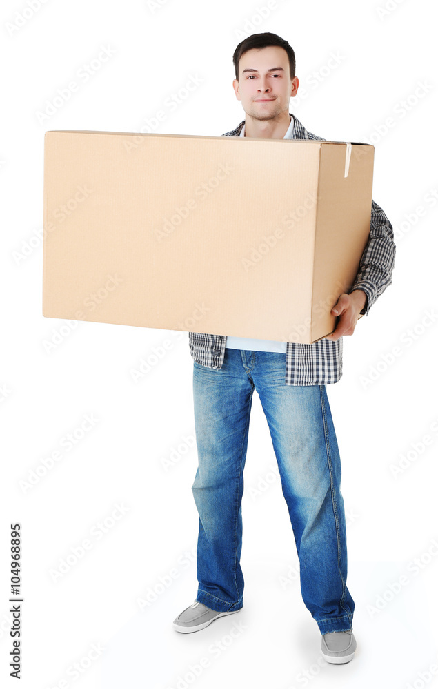 Man holding carton boxes isolated on white background Man holding carton boxes isolated on white background