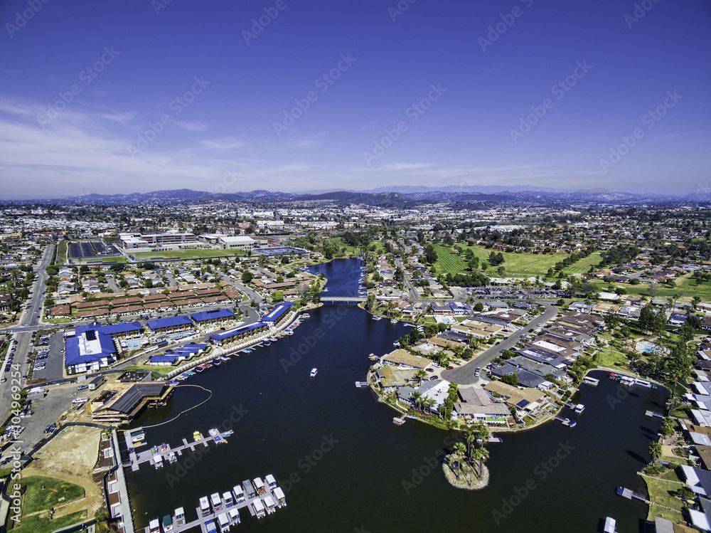 Naklejka premium Lake San Marcos, San Marcos, California, USA. This is an aerial 8 image panoramic. San Marcos is in North County San Diego.