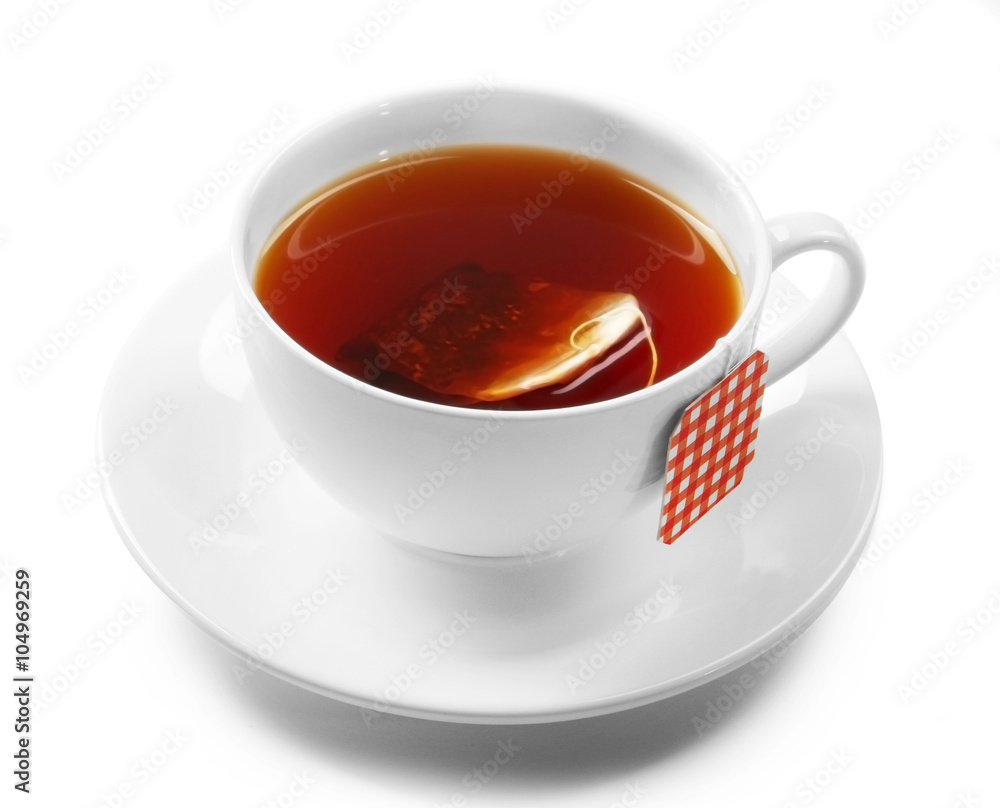 Cup of tea isolated on white background. Teabag with red checkered label Cup of tea isolated on white background. Teabag with red checkered label